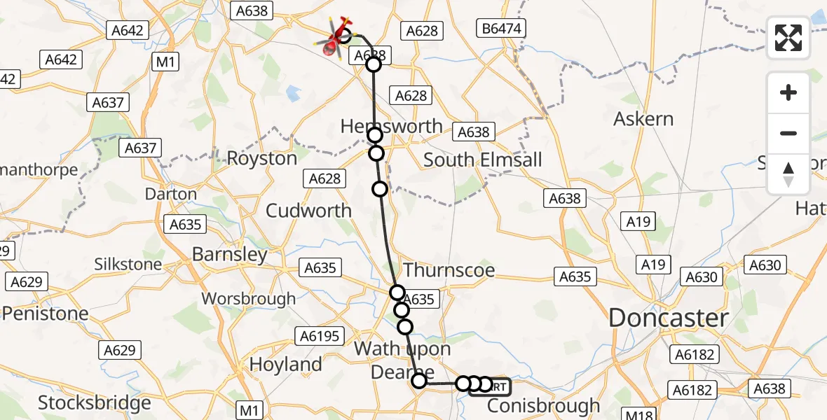 Flight route Air Ambulance Helicopter Old Denaby - YAA Nostell Helicopter Port, 30 May 2026, 20:33