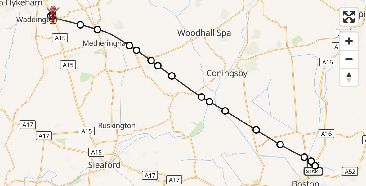 Flight route Air Ambulance Helicopter Boston - North Kesteven, 30 May 2026, 20:35