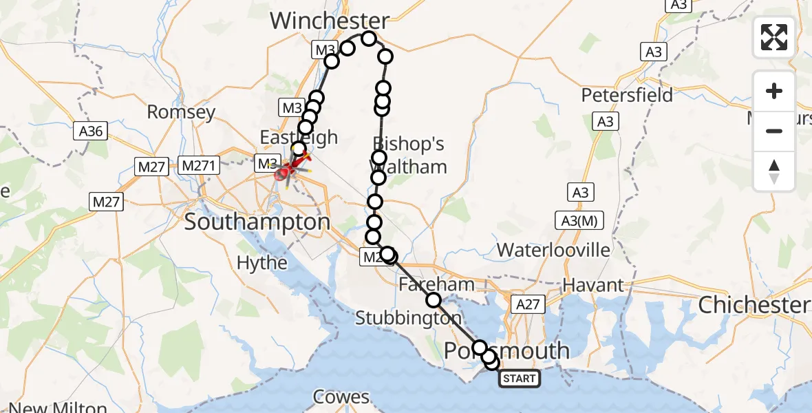 Flight route Air Ambulance Helicopter Portsmouth - Southampton Airport, 30 May 2026, 20:38