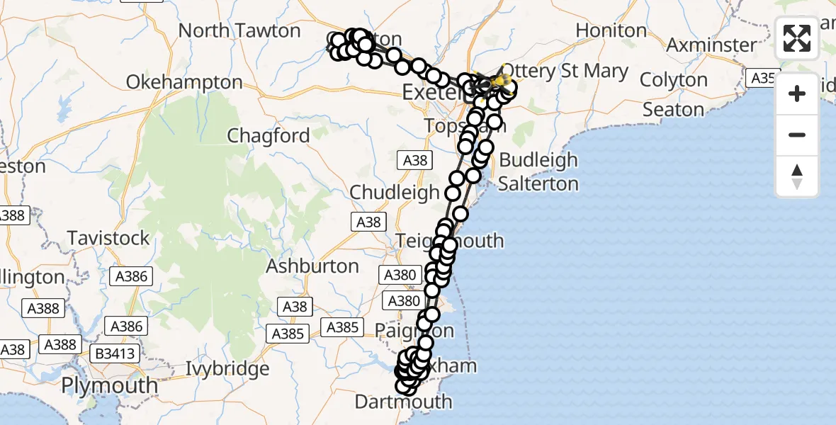 Flight route Police Helicopter Clyst Honiton - Exeter International Airport, 30 May 2026, 21:02