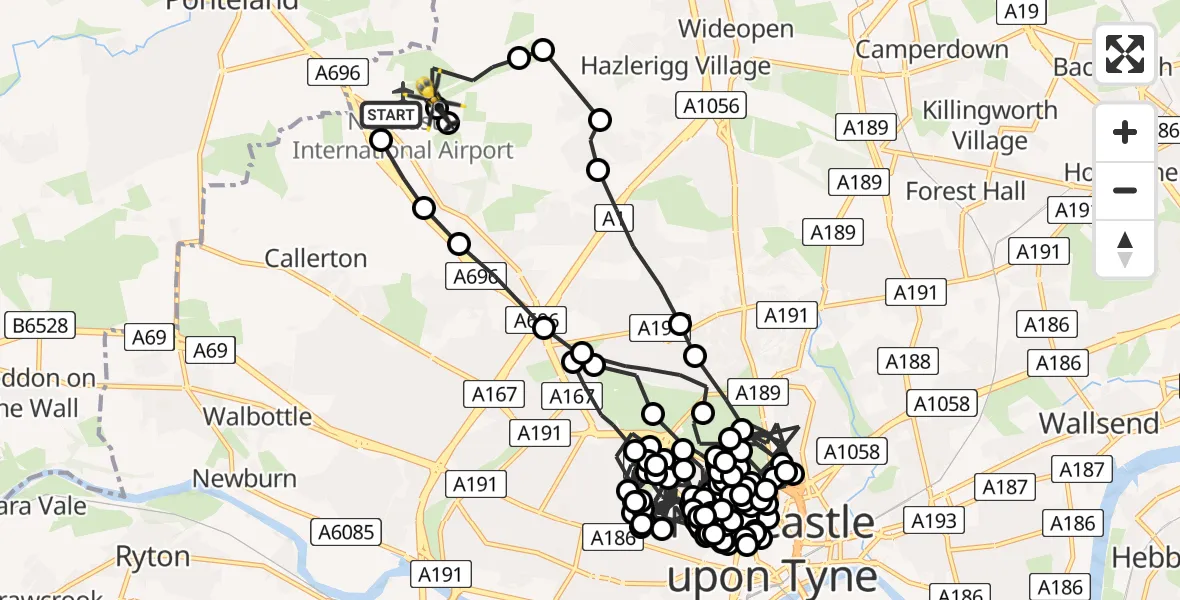 Flight route Police Helicopter Newcastle International Airport - Newcastle International Airport, 30 May 2026, 21:15