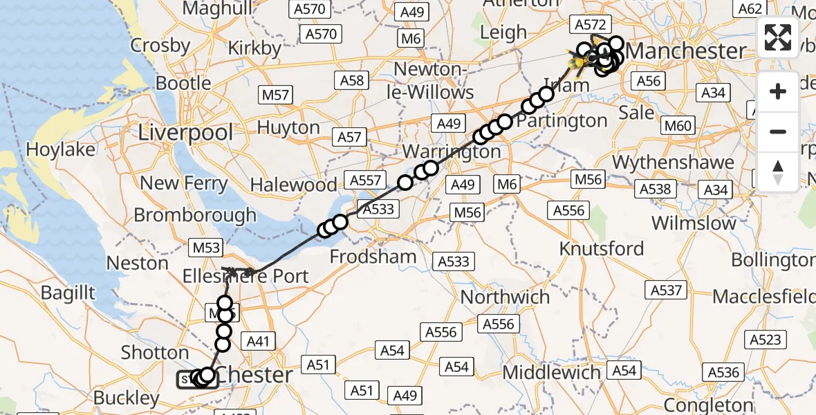 Flight route Police Helicopter Hawarden Airport - Manchester Barton Aerodrome, 30 May 2026, 21:31