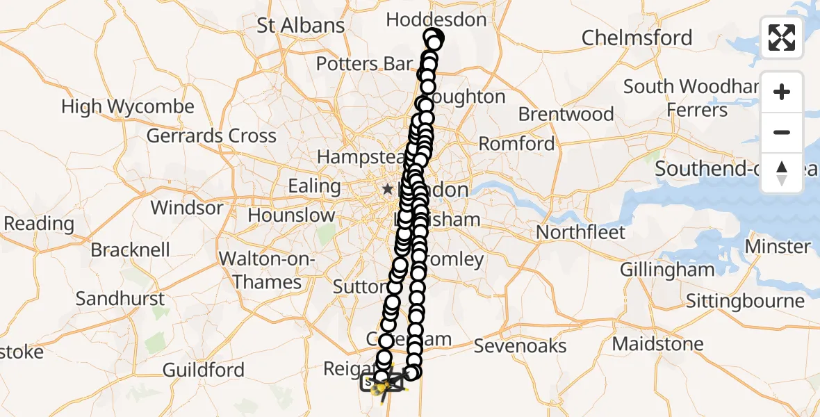 Flight route Police Helicopter Redhill Aerodrome - South Nutfield, 30 May 2026, 21:51