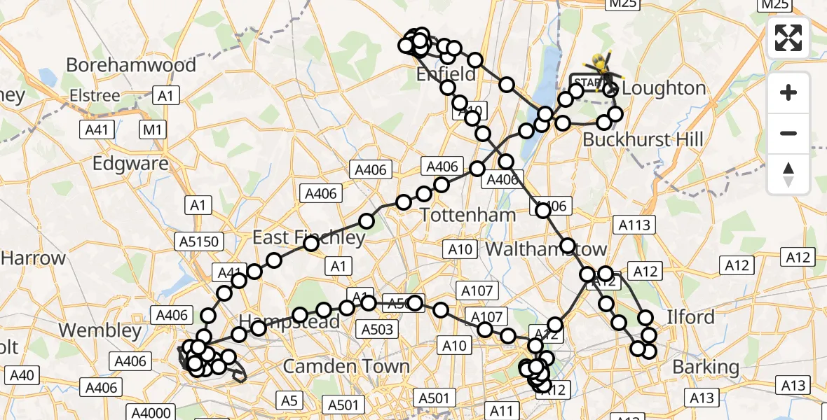 Flight route Police Helicopter Sewardstonebury - Sewardstonebury, 30 May 2026, 22:19