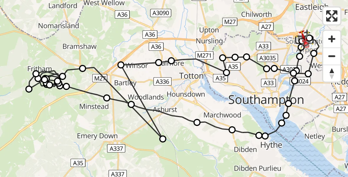Flight route Air Ambulance Helicopter Southampton Airport - Southampton Airport, 30 May 2026, 22:23