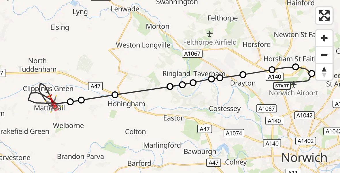 Flight route Air Ambulance Helicopter Norwich Airport - Mattishall, 30 May 2026, 23:55