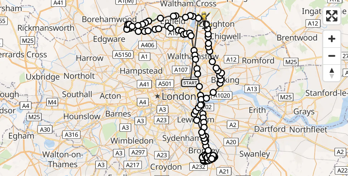 Flight route Police Helicopter Bow - Sewardstonebury, 30 May 2026, 23:58