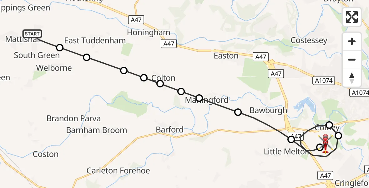 Flight route Air Ambulance Helicopter Mattishall - Norfolk & Norwich Hospital, 31 May 2026, 01:04
