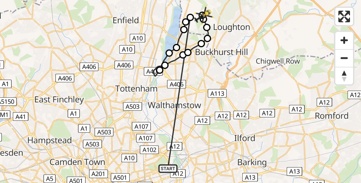 Flight route Police Helicopter Bow - Metropolitan Police Air Support Unit Lippitts Hill, 31 May 2026, 01:58