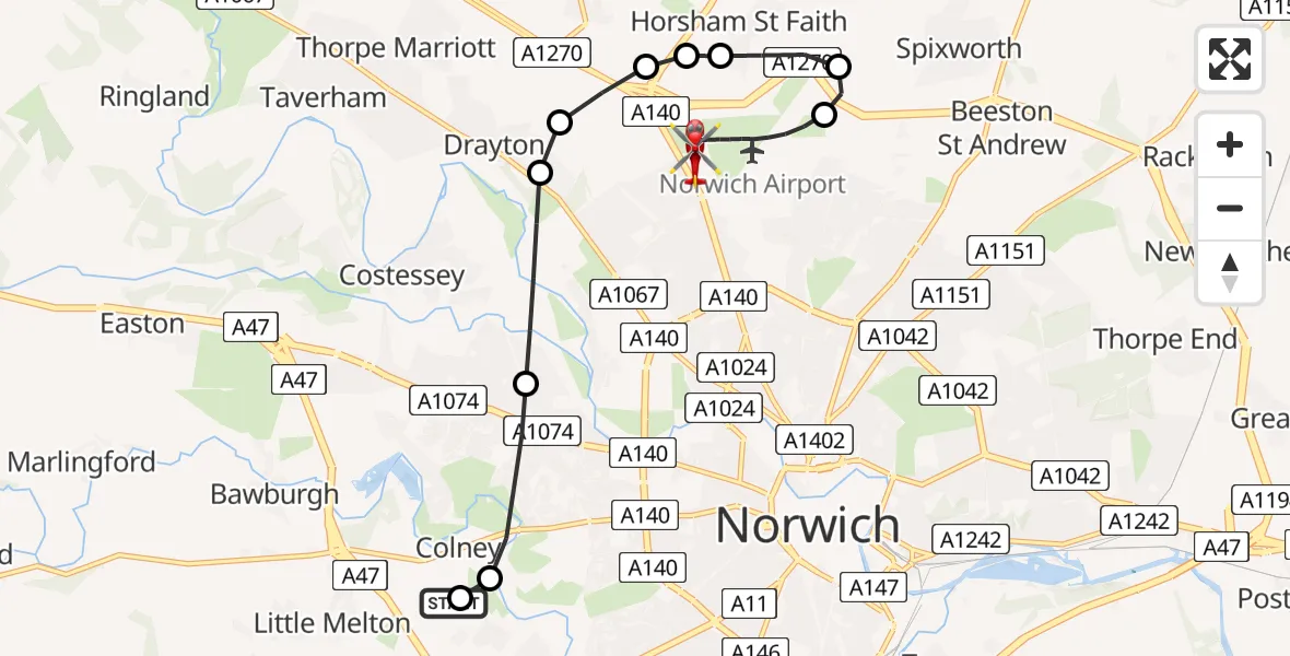 Flight route Air Ambulance Helicopter Norfolk & Norwich Hospital - Norwich Airport, 31 May 2026, 02:09
