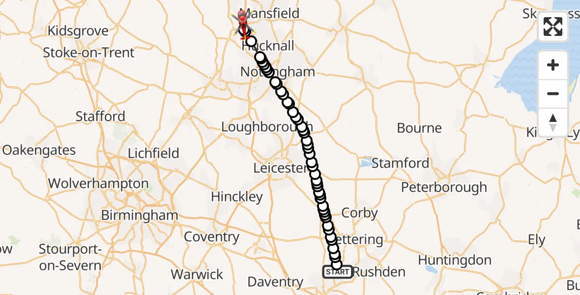 Flight route Air Ambulance Helicopter Overstone - Bolsover, 31 May 2026, 05:59