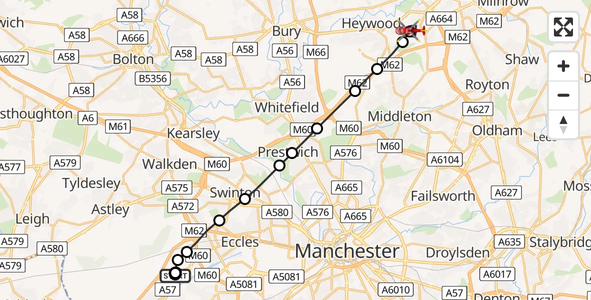 Flight route Air Ambulance Helicopter Manchester Barton Aerodrome - Rochdale, 31 May 2026, 06:15