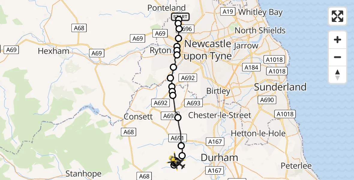 Flight route Police Helicopter Newcastle International Airport - Esh Winning, 31 May 2026, 06:57