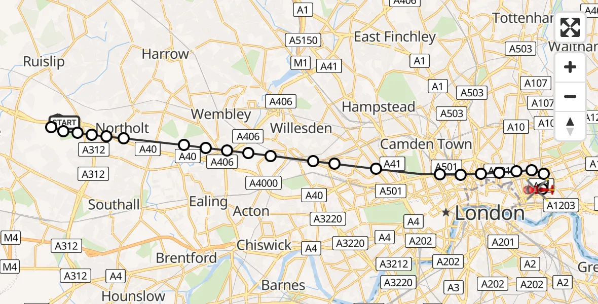 Flight route Air Ambulance Helicopter RAF Northolt - Royal London Hospital, 31 May 2026, 07:26