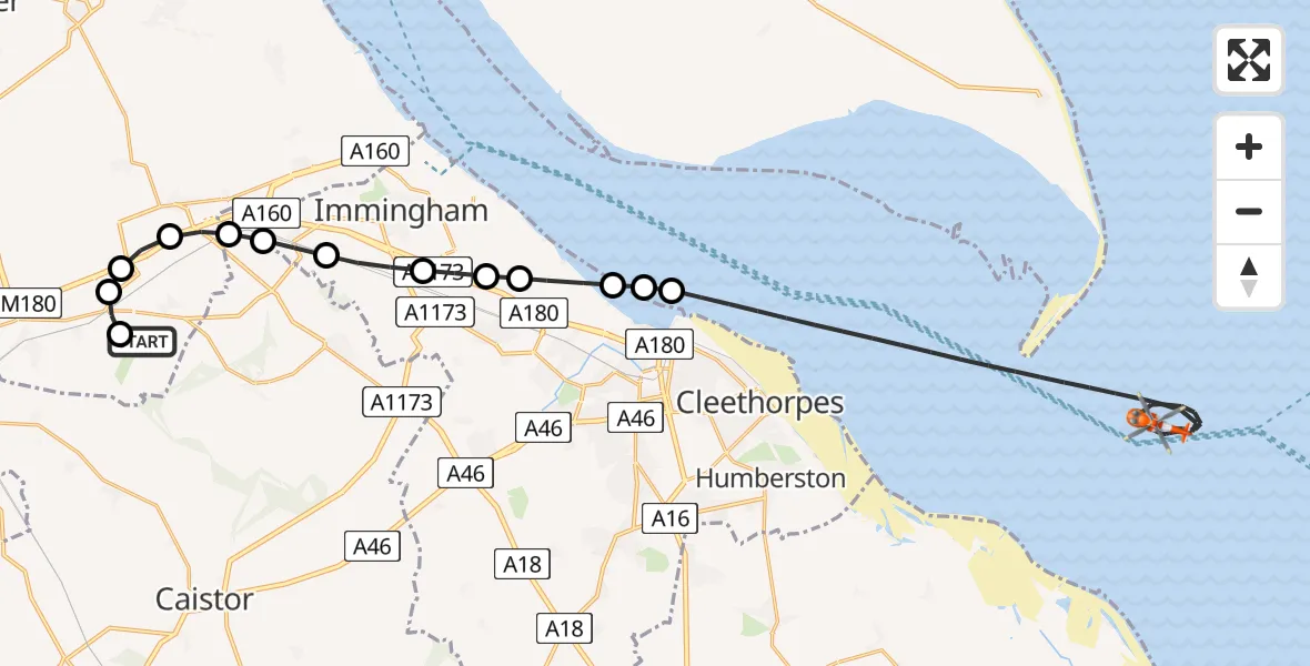Flight route Coastguard Helicopter Humberside Airport - North Sea, 31 May 2026, 08:04