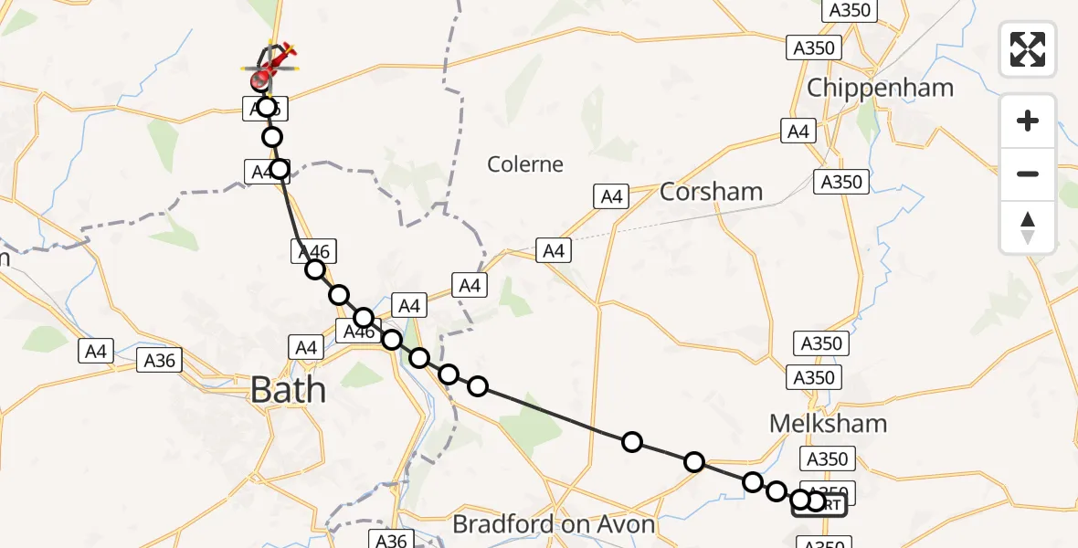 Flight route Air Ambulance Helicopter Wiltshire Air Ambulance - Marshfield, 31 May 2026, 08:08