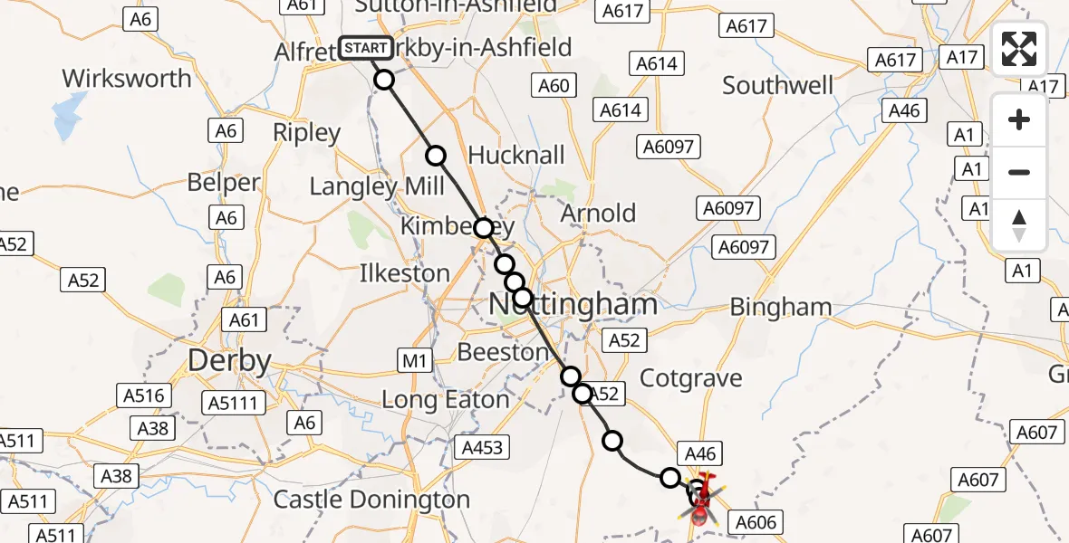 Flight route Air Ambulance Helicopter Bolsover - Nottingham Heliport, 31 May 2026, 08:10