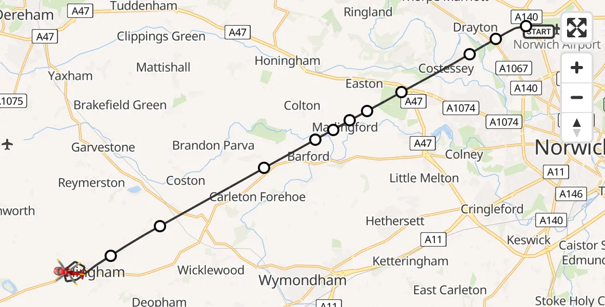 Flight route Air Ambulance Helicopter Norwich Airport - Hingham, 31 May 2026, 08:40