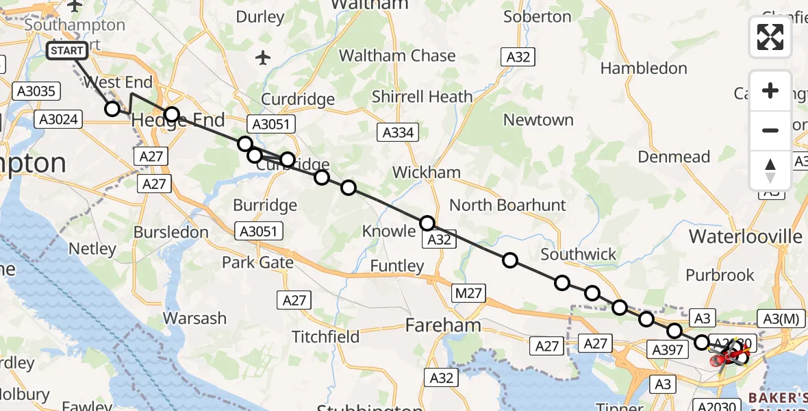 Flight route Air Ambulance Helicopter Southampton Airport - Drayton, 31 May 2026, 08:57