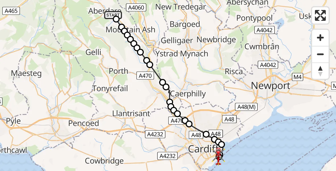 Flight route Air Ambulance Helicopter Aberaman - Cardiff Heliport, 31 May 2026, 09:07
