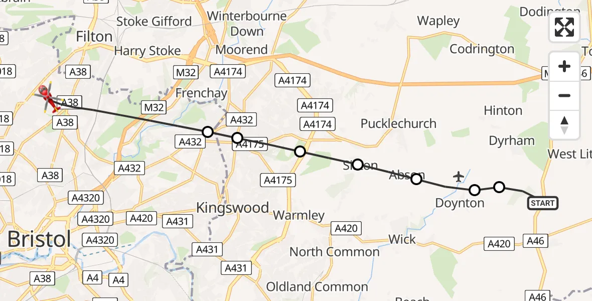 Flight route Air Ambulance Helicopter Marshfield - Bristol, 31 May 2026, 09:20
