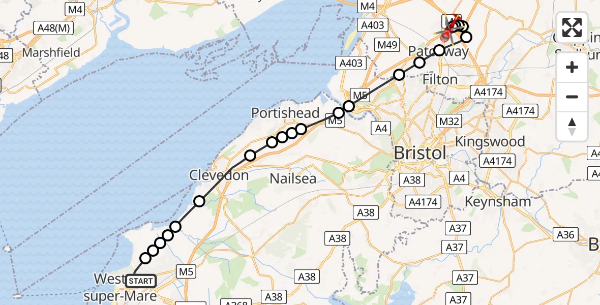 Flight route Air Ambulance Helicopter Weston-super-Mare - Almondsbury Helicopter Base, 31 May 2026, 09:30