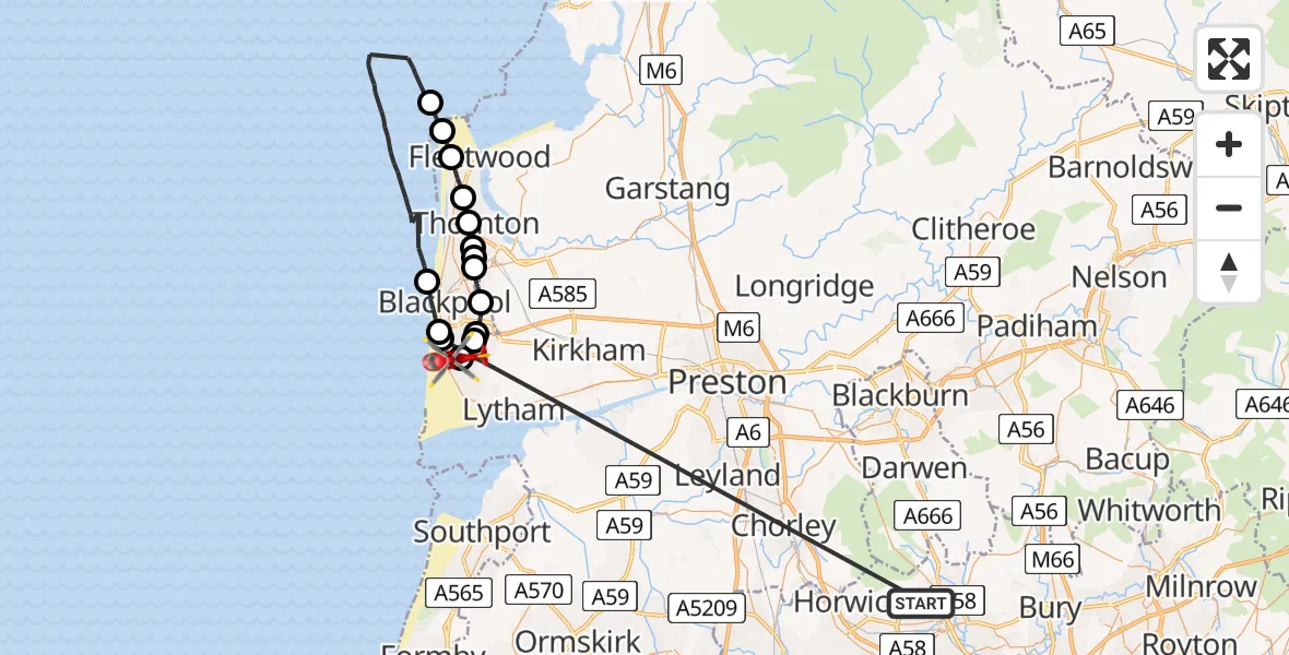 Flight route Air Ambulance Helicopter Bolton - Blackpool Airport, 31 May 2026, 09:35