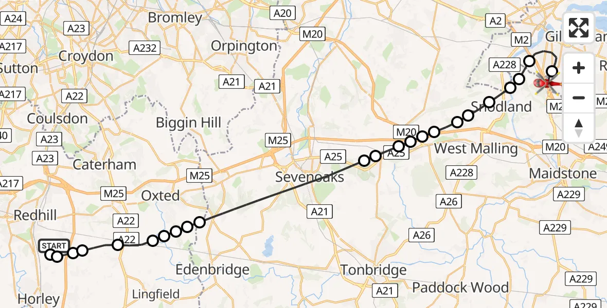 Flight route Air Ambulance Helicopter Redhill Aerodrome - Rochester Airport, 31 May 2026, 09:42