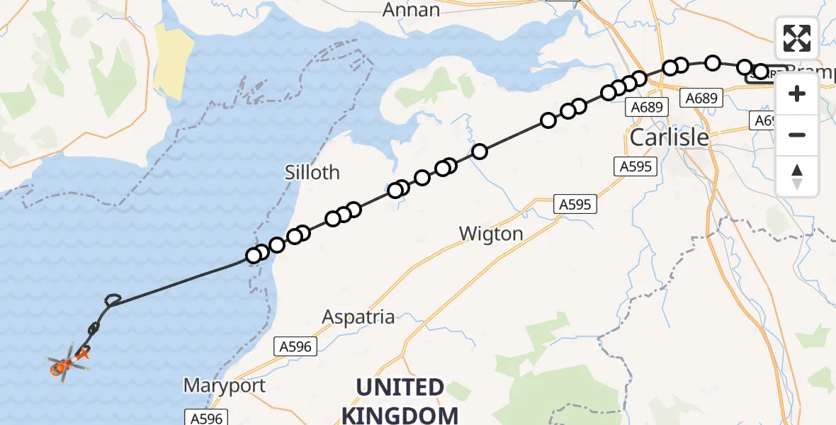 Flight route Coastguard Helicopter Carlisle Lake District Airport - Irish Sea, 31 May 2026, 09:49