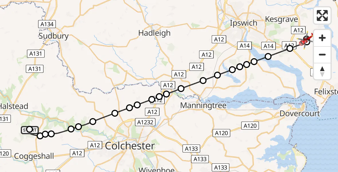 Flight route Air Ambulance Helicopter Earls Colne Airfield - Newbourne, 31 May 2026, 09:55