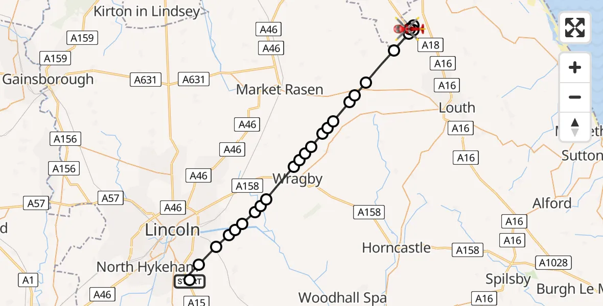 Flight route Air Ambulance Helicopter RAF Waddington - Grimsby, 31 May 2026, 10:03