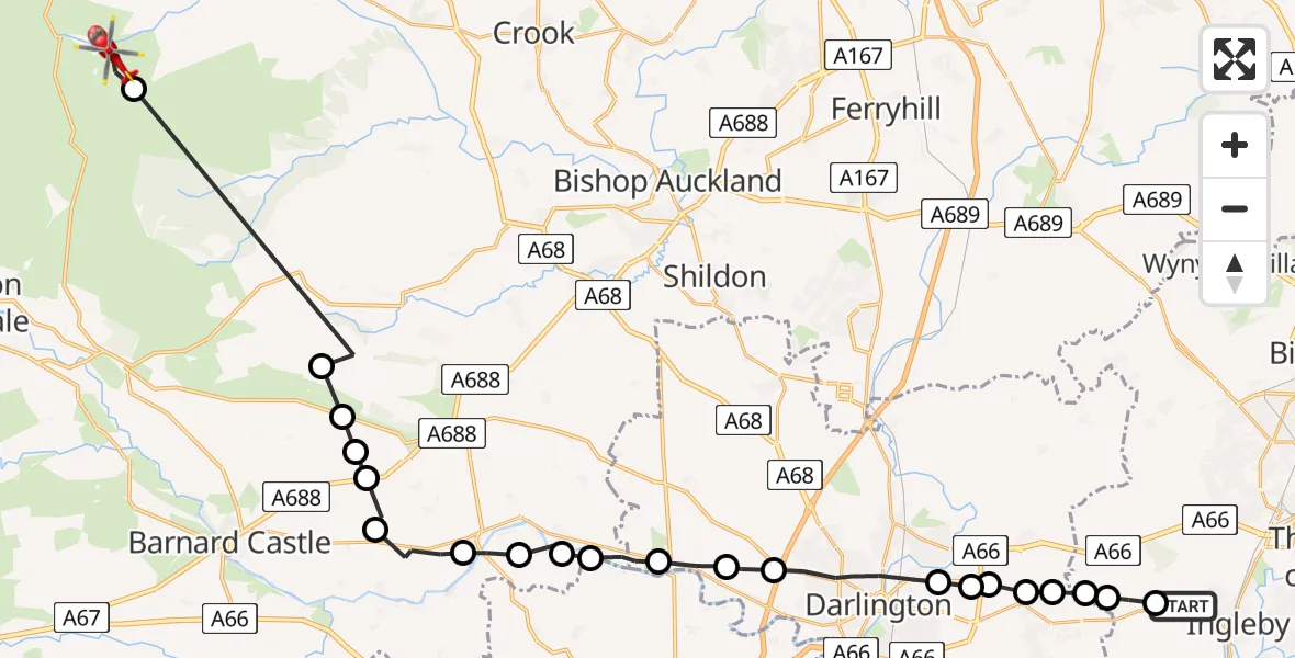Flight route Air Ambulance Helicopter Egglescliffe - Stanhope, 31 May 2026, 10:06