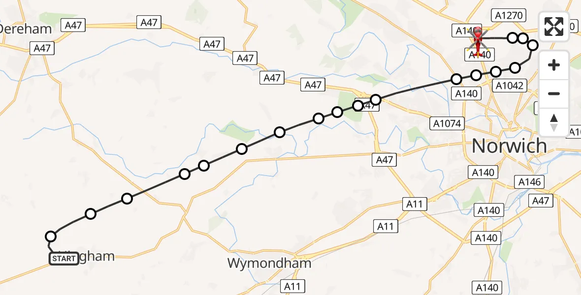Flight route Air Ambulance Helicopter Hingham - Norwich Airport, 31 May 2026, 10:08