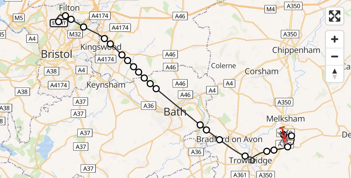 Flight route Air Ambulance Helicopter Southmead Hospital - Wiltshire Air Ambulance, 31 May 2026, 10:17