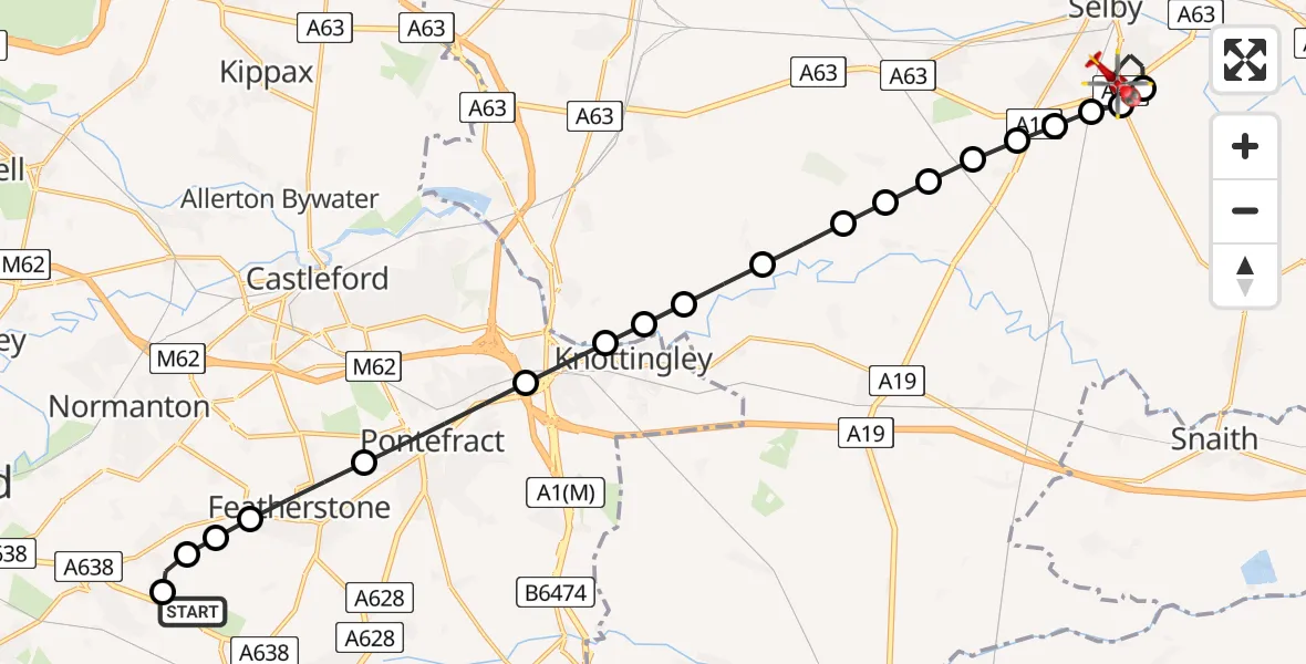 Flight route Air Ambulance Helicopter YAA Nostell Helicopter Port - Selby, 31 May 2026, 10:17