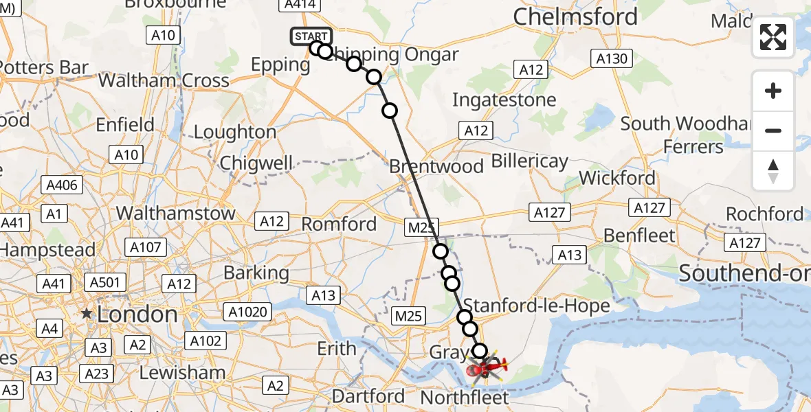 Flight route Air Ambulance Helicopter North Weald Airfield - Tilbury, 31 May 2026, 10:23