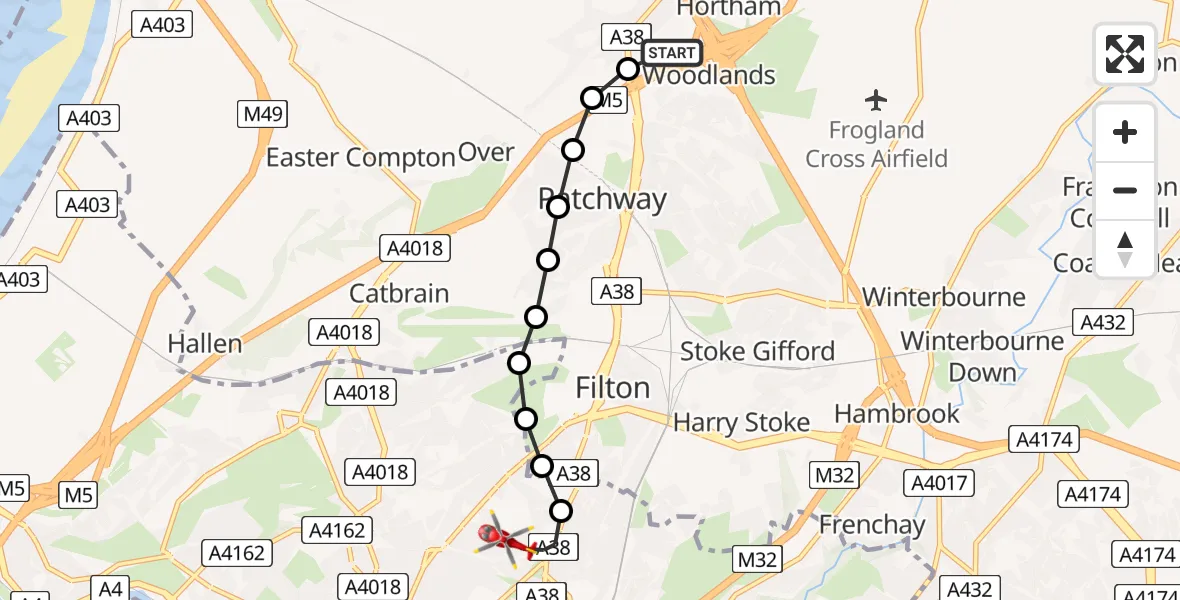Flight route Air Ambulance Helicopter Almondsbury Helicopter Base - Bristol, 31 May 2026, 10:26
