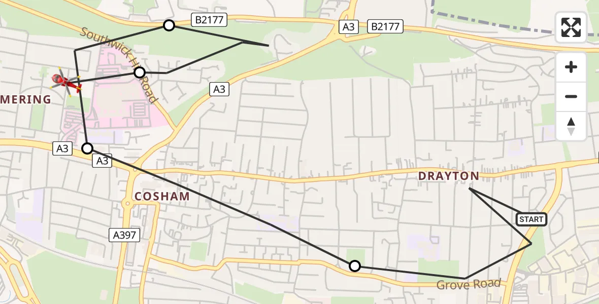 Flight route Air Ambulance Helicopter Drayton - Queen Alexandra Hospital, 31 May 2026, 10:29