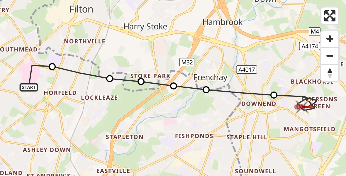 Flight route Air Ambulance Helicopter Southmead Hospital - Bristol, 31 May 2026, 10:40