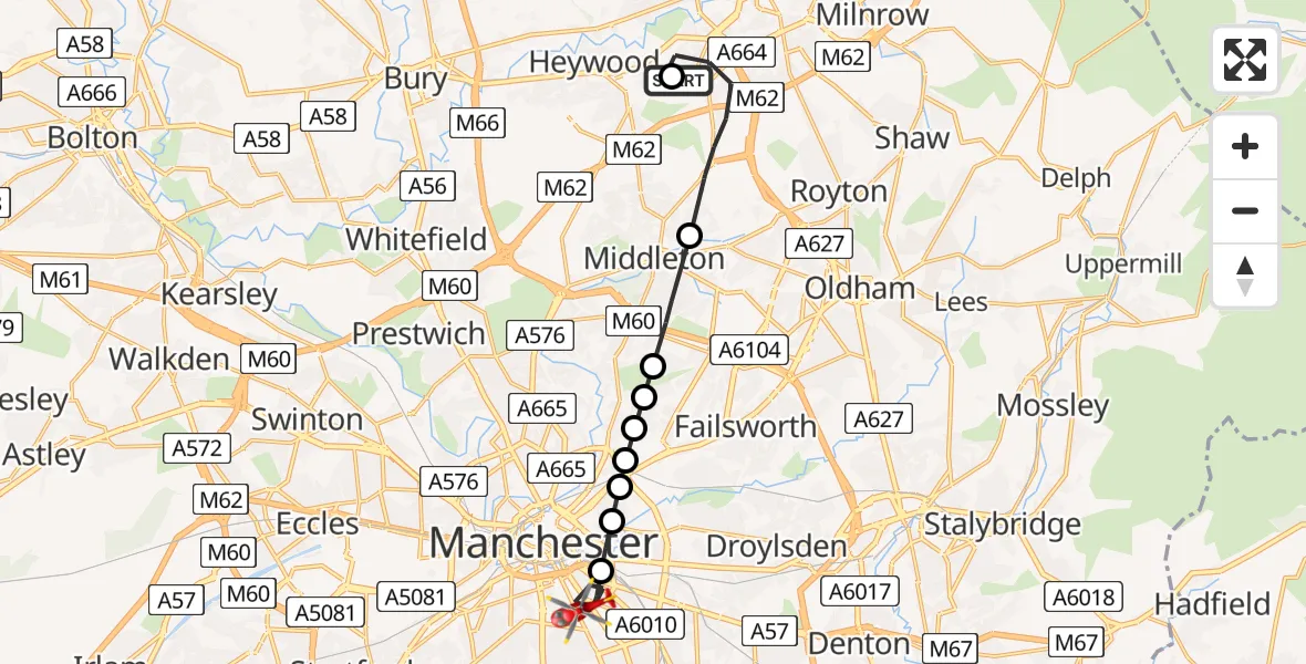 Flight route Air Ambulance Helicopter Rochdale - Chorlton-on-Medlock, 31 May 2026, 10:41