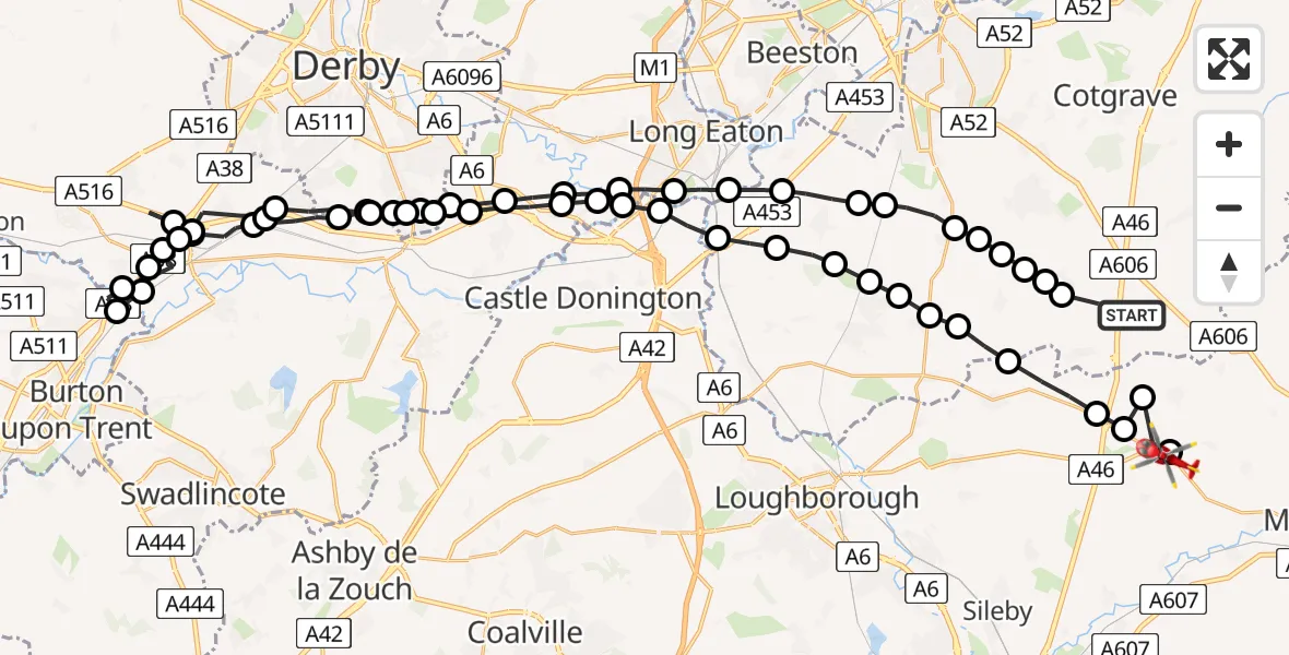 Flight route Air Ambulance Helicopter Nottingham Heliport - Shoby, 31 May 2026, 10:45