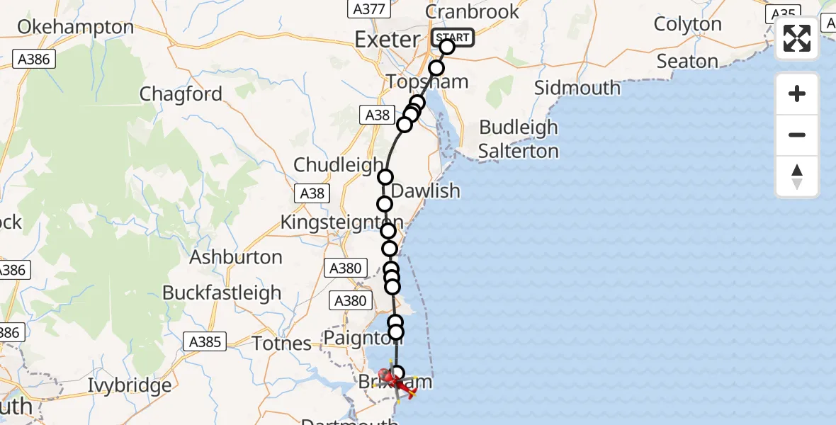 Flight route Air Ambulance Helicopter Exeter International Airport - Brixham, 31 May 2026, 10:47