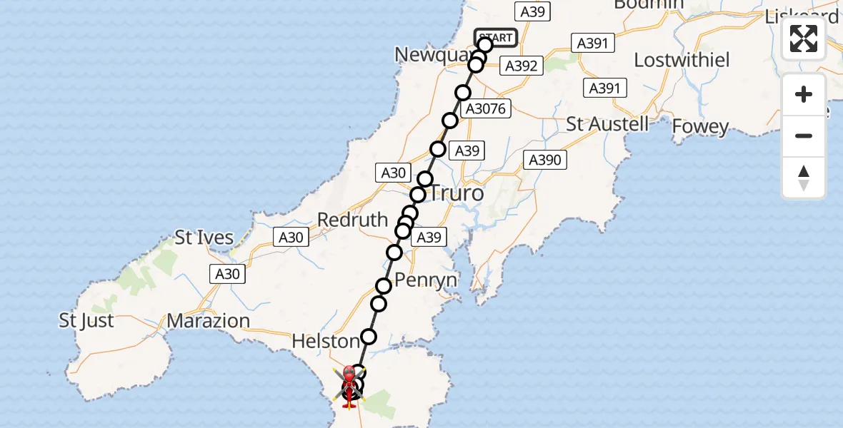 Flight route Air Ambulance Helicopter Cornwall Airport Newquay - Mullion, 31 May 2026, 10:51