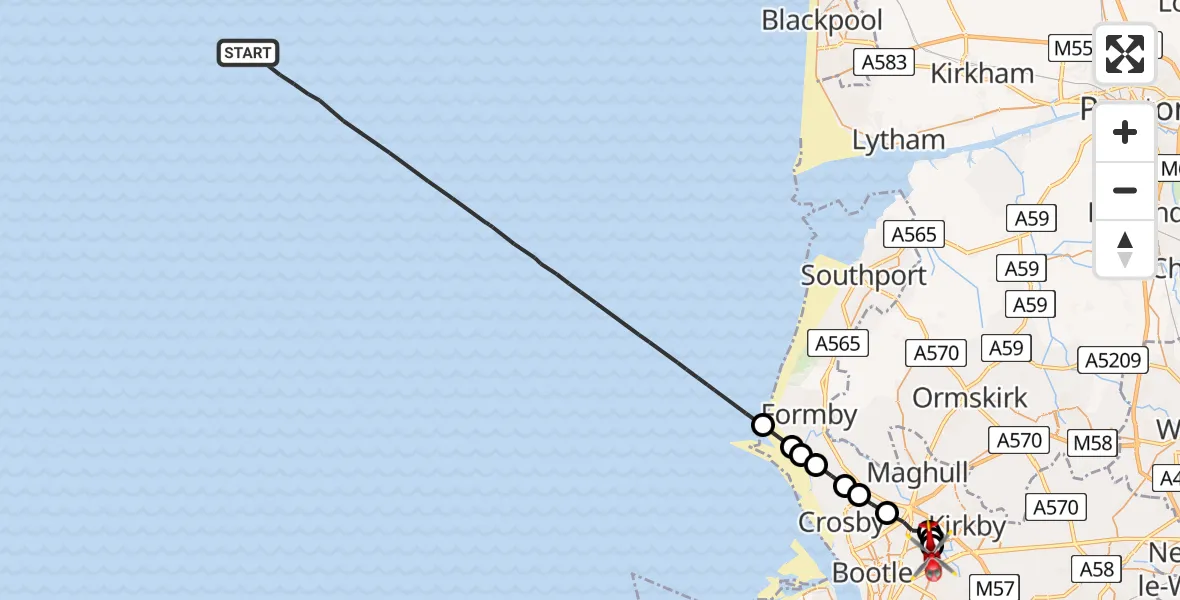Flight route Air Ambulance Helicopter Irish Sea - Aintree University Hospital Heliport, 31 May 2026, 10:53