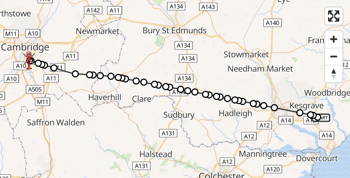 Flight route Air Ambulance Helicopter Newbourne - Papworth Hospital, 31 May 2026, 11:02