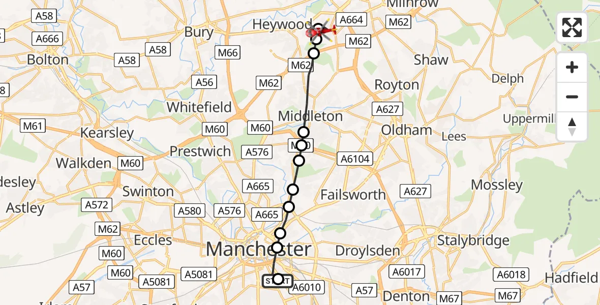 Flight route Air Ambulance Helicopter Ardwick - Rochdale, 31 May 2026, 11:05