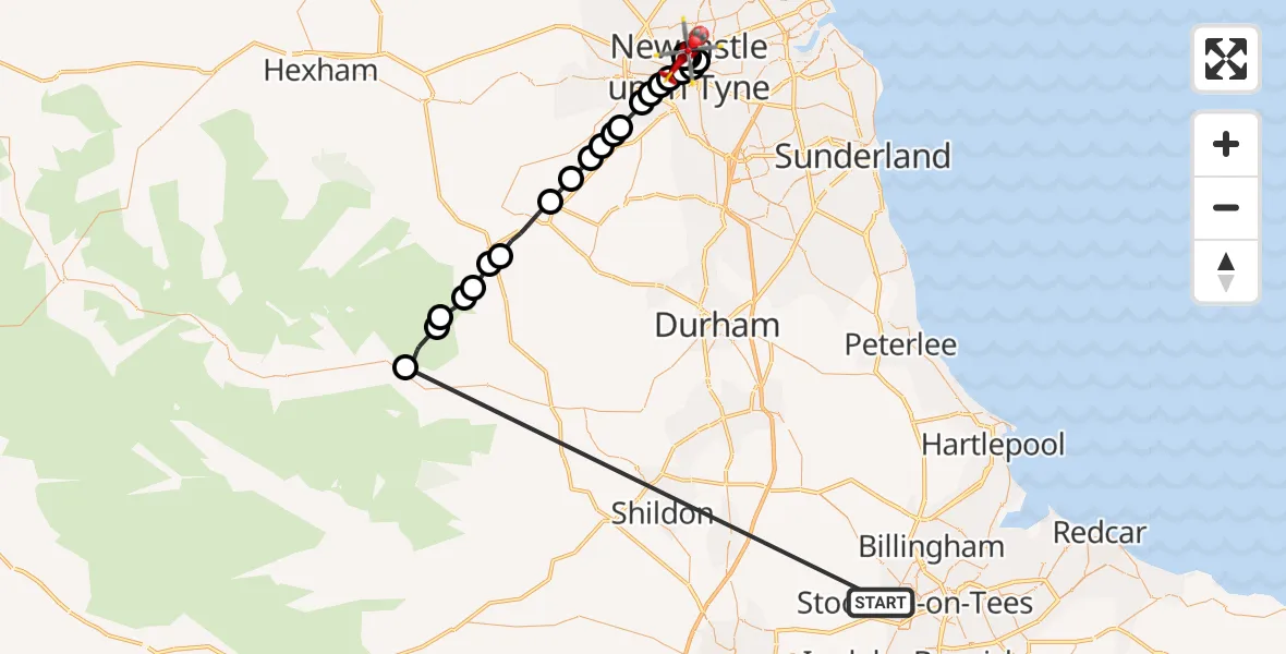Flight route Air Ambulance Helicopter Stockton-on-Tees - Newcastle Royal Victoria Infirmary, 31 May 2026, 11:10