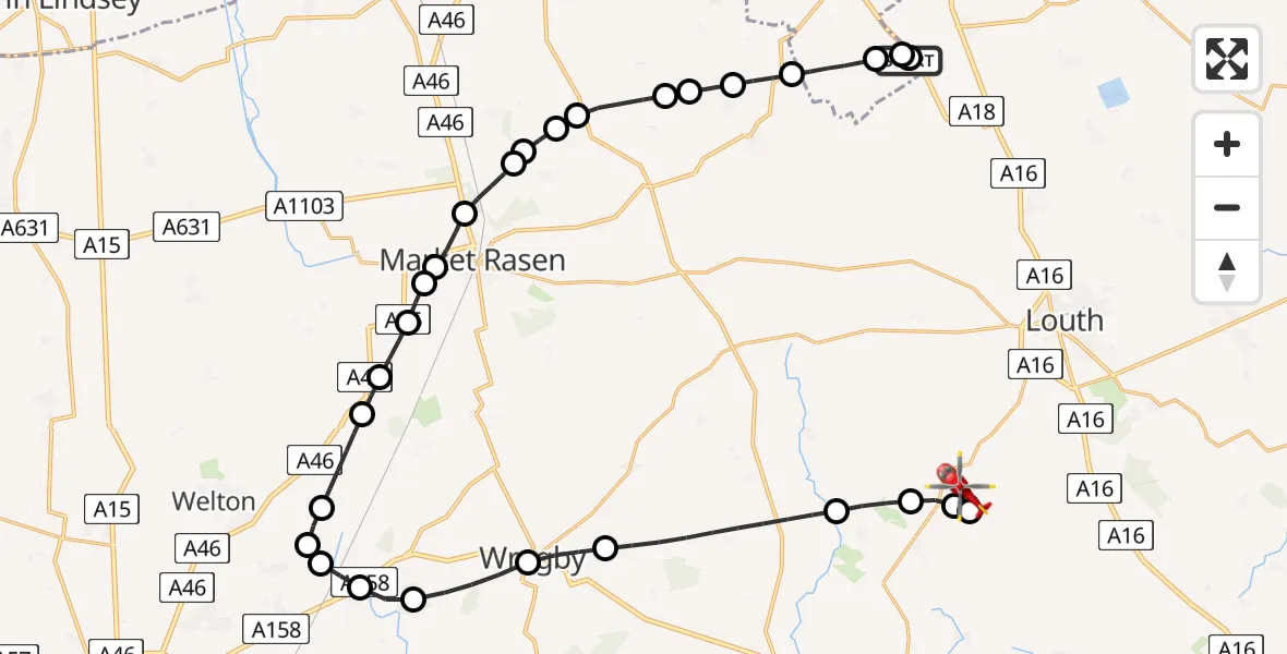 Flight route Air Ambulance Helicopter Hawerby cum Beesby - East Lindsey, 31 May 2026, 11:10