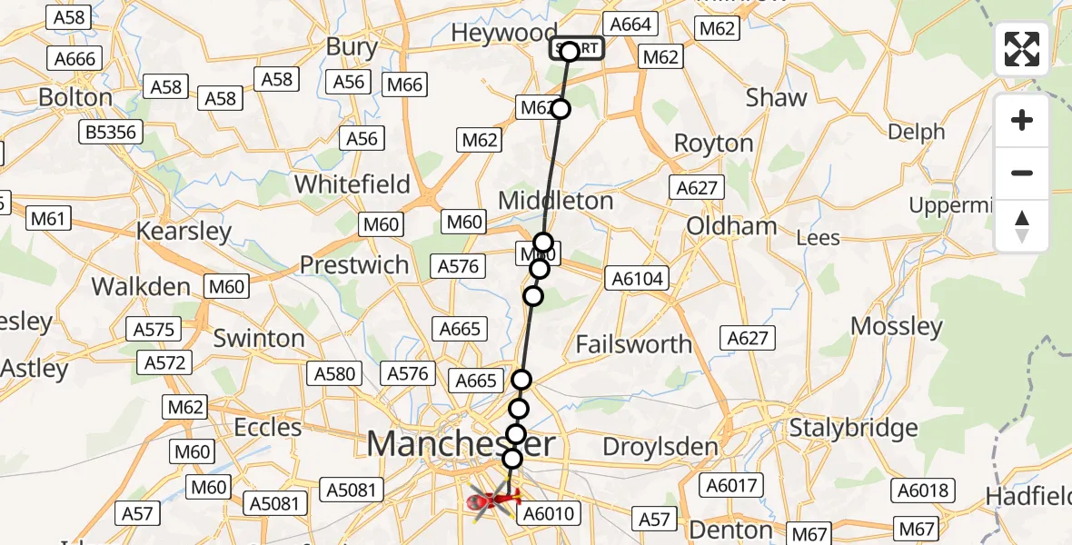 Flight route Air Ambulance Helicopter Rochdale - Chorlton-on-Medlock, 31 May 2026, 11:14