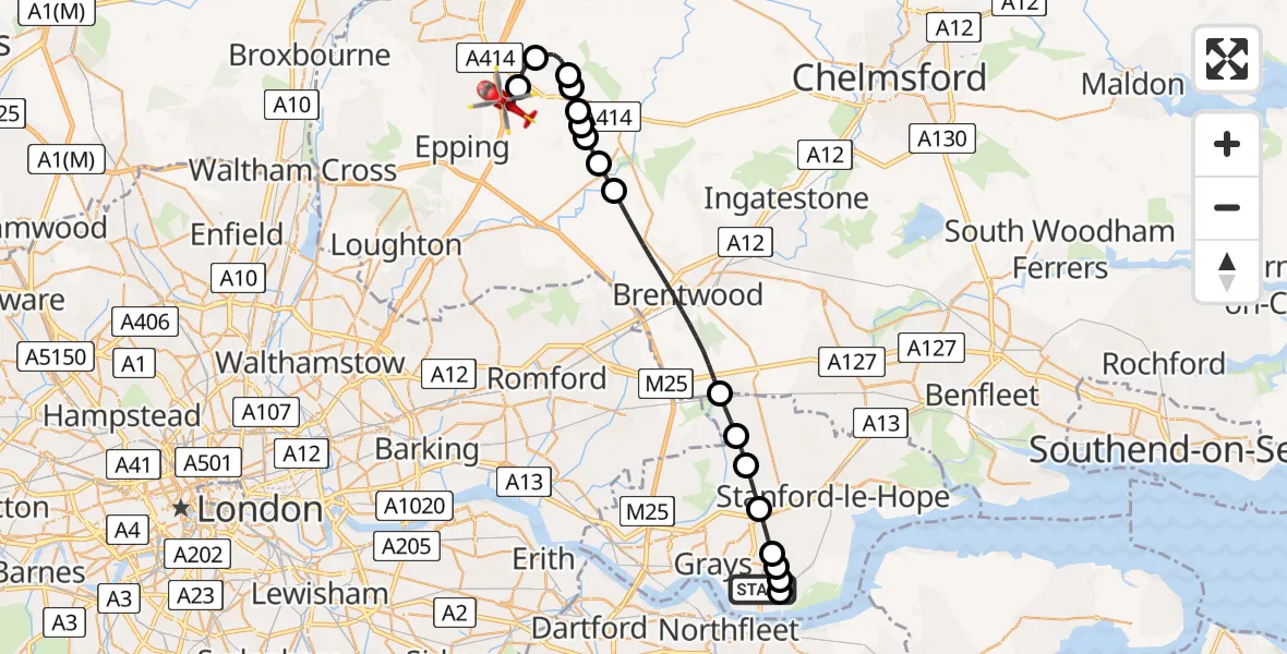 Flight route Air Ambulance Helicopter Tilbury - North Weald Airfield, 31 May 2026, 11:21